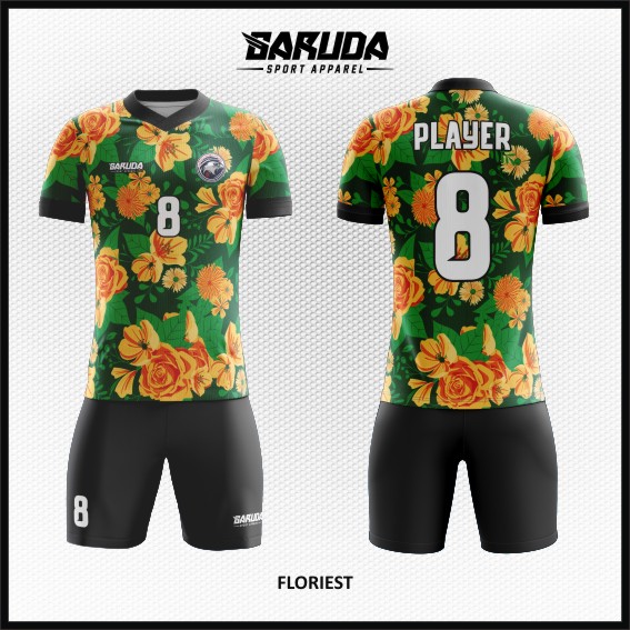 Baju Futsal Custom Desain Gambar Bunga dan daun