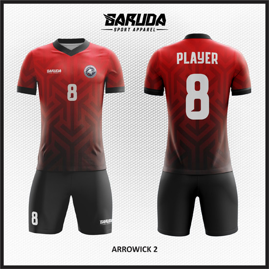 Desain kaos futsal pemain dan kiper gradasi warna merah hitam 2
