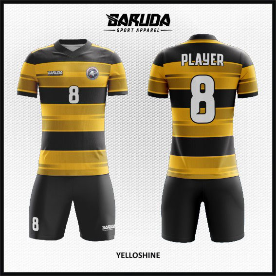 desain baju futsal full printing warna gradasi hitam kuning keren