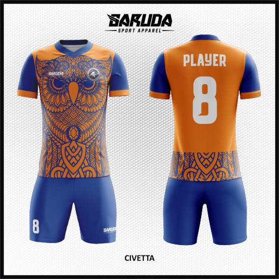 desain baju futsal gambar burung hantu orange biru