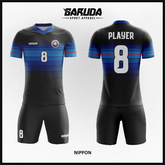 desain baju futsal keren full print biru hitam