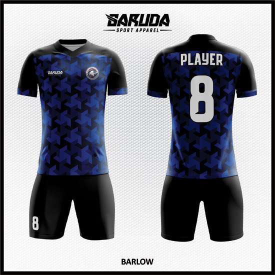 Desain Kostum Bola Dan Futsal Full Print Warna Biru Hitam