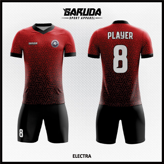 Desain Baju Sepak Bola Full Print Warna Merah Hitam Elegan