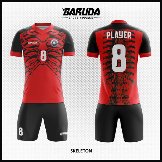 Desain Jersey Bola Futsal Warna Merah Hitam Motif Tulang