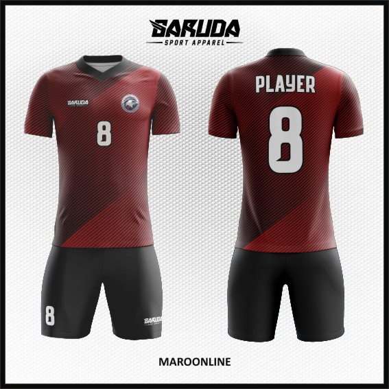 Desain Kostum Futsal Printing Warna Merah Maroon Motif Garis