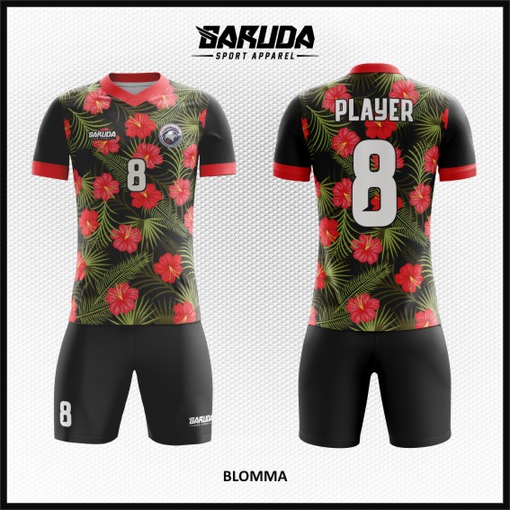 Desain Baju Futsal Full Printing Warna Hitam Motif Bunga Yang Cantik