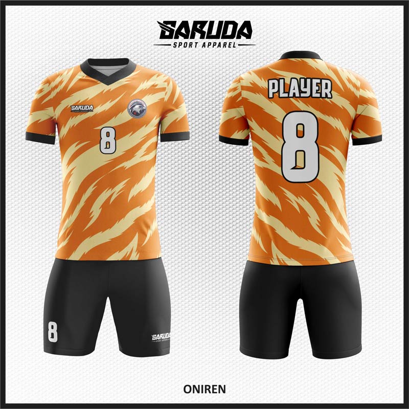 Desain Kostum Futsal Printing Motif Loreng Gradasi Warna Orange Untuk Tampil Beda