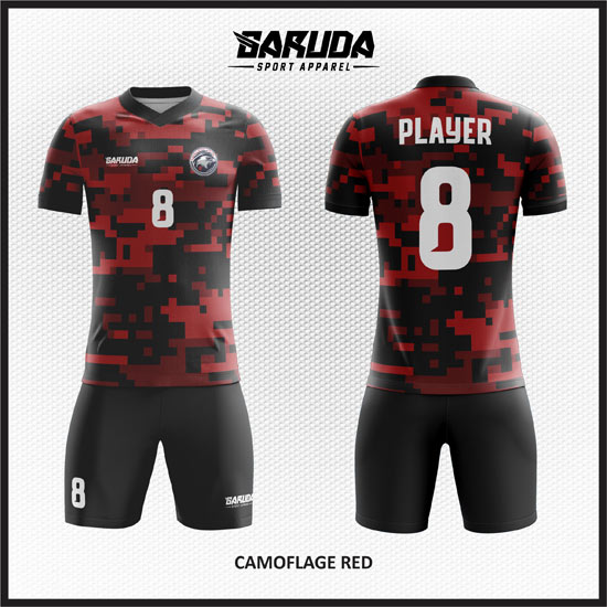 Desain Kaos Sepakbola Printing Warna Merah Hitam Motif Camo Terbaru