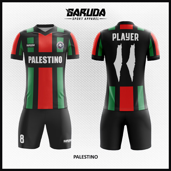 Desain Kaos Futsal Full Print Warna Merah Hijau Hitam Palestina