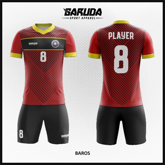 Desain Baju Futsal Merah Hitam Motif Bergaris Istimewa