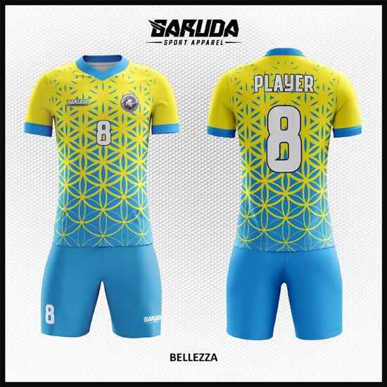Desain Baju Futsal Warna Kuning Biru Berornamen Yang Trendy